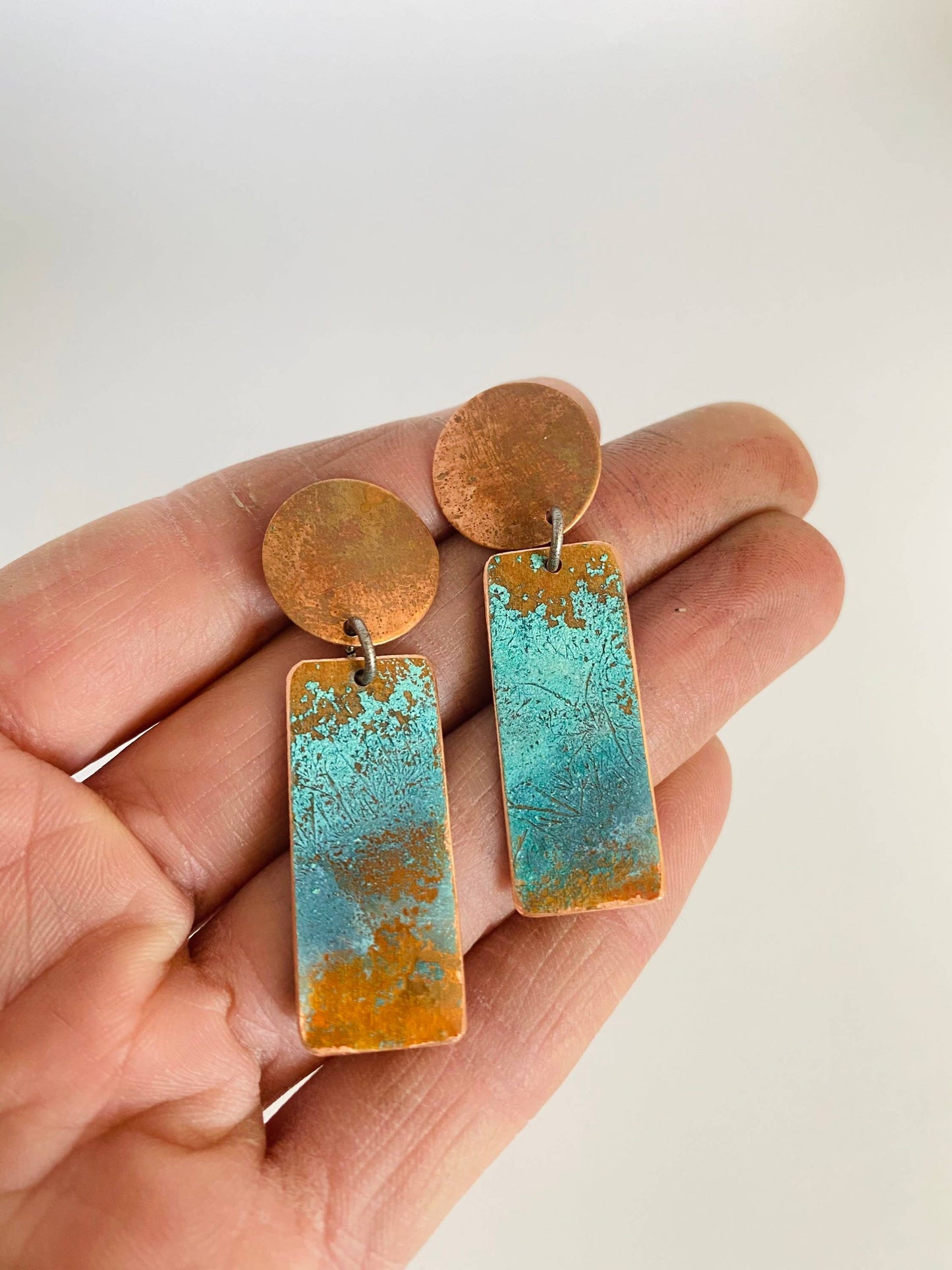 Copper and Patina Copper Stud Dangle Earrings, Verdigris Copper