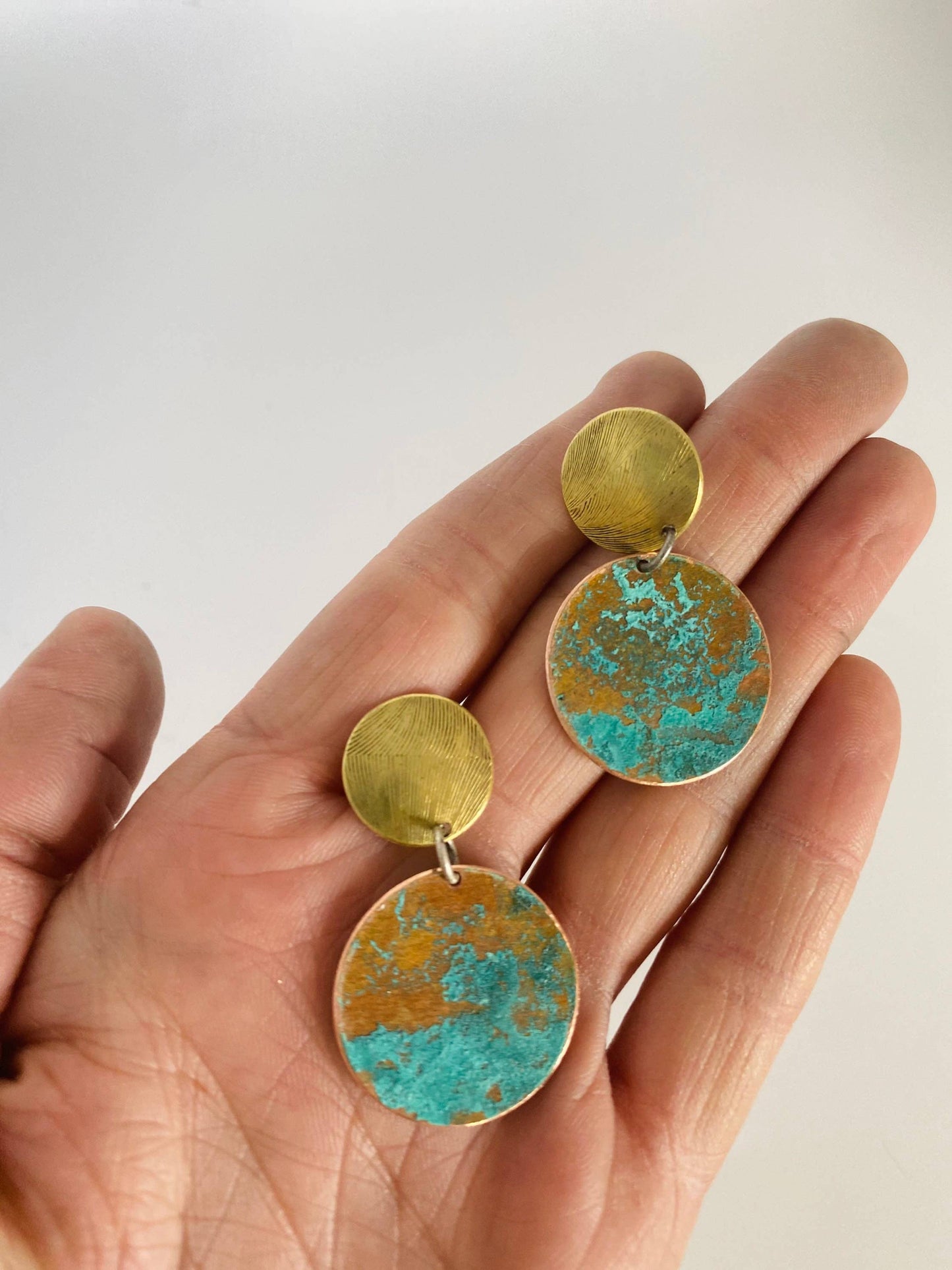 Gold and Patina Copper Stud Dangle Earrings, Verdigris Copper Dangle Stud Earrings