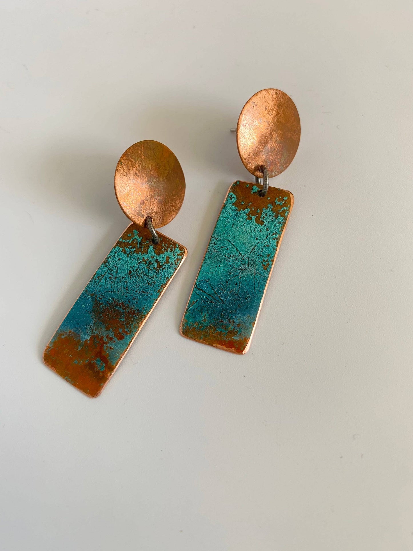 Copper and Patina Copper Stud Dangle Earrings, Verdigris Copper