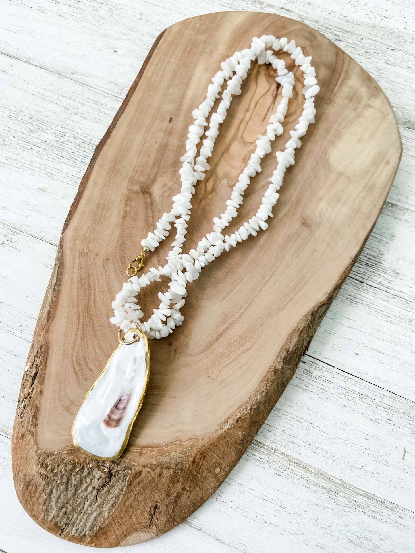 White Moonstone Beaded Necklace with Oyster Shell Pendant - 20% OFF