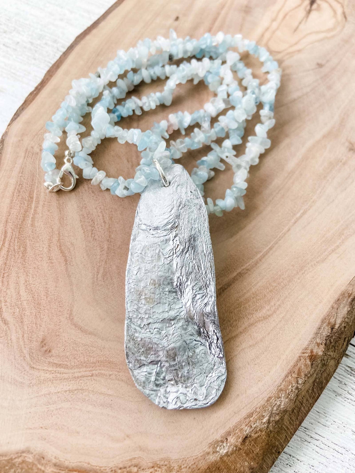 Aquamarine Beaded Necklace with Oyster Shell Pendant - 20% OFF