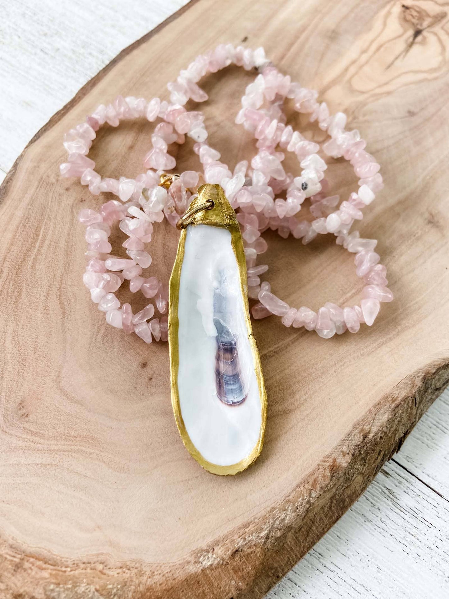 Rose Quartz Beaded Necklace with Oyster Shell Pendant - 20% OFF