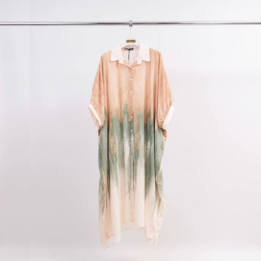 Oversized Color Gradient Shirt Dress: Camel/Green