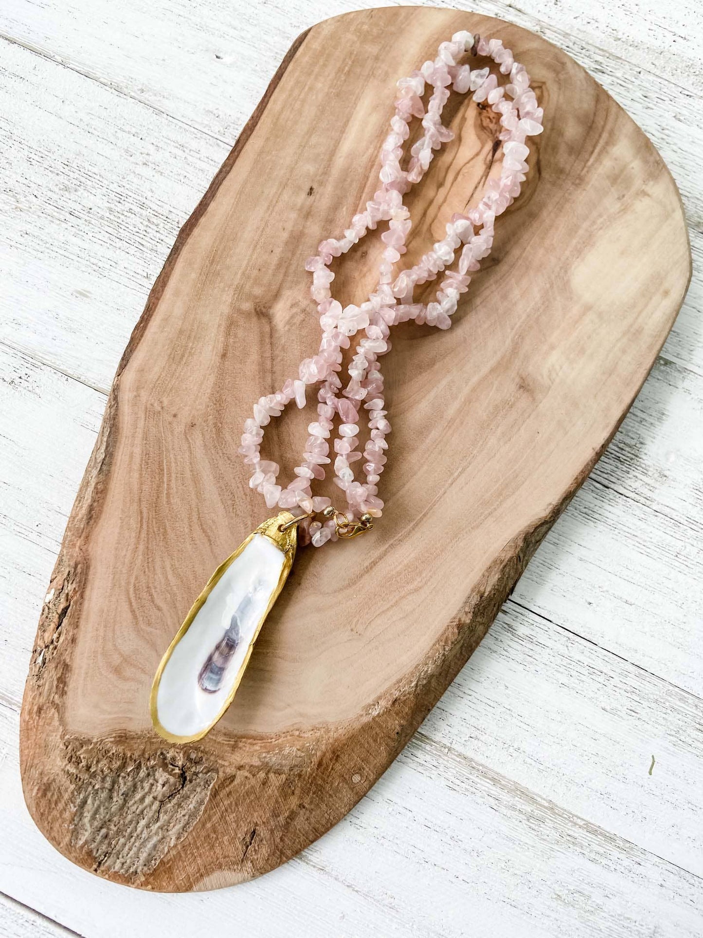 Rose Quartz Beaded Necklace with Oyster Shell Pendant - 20% OFF