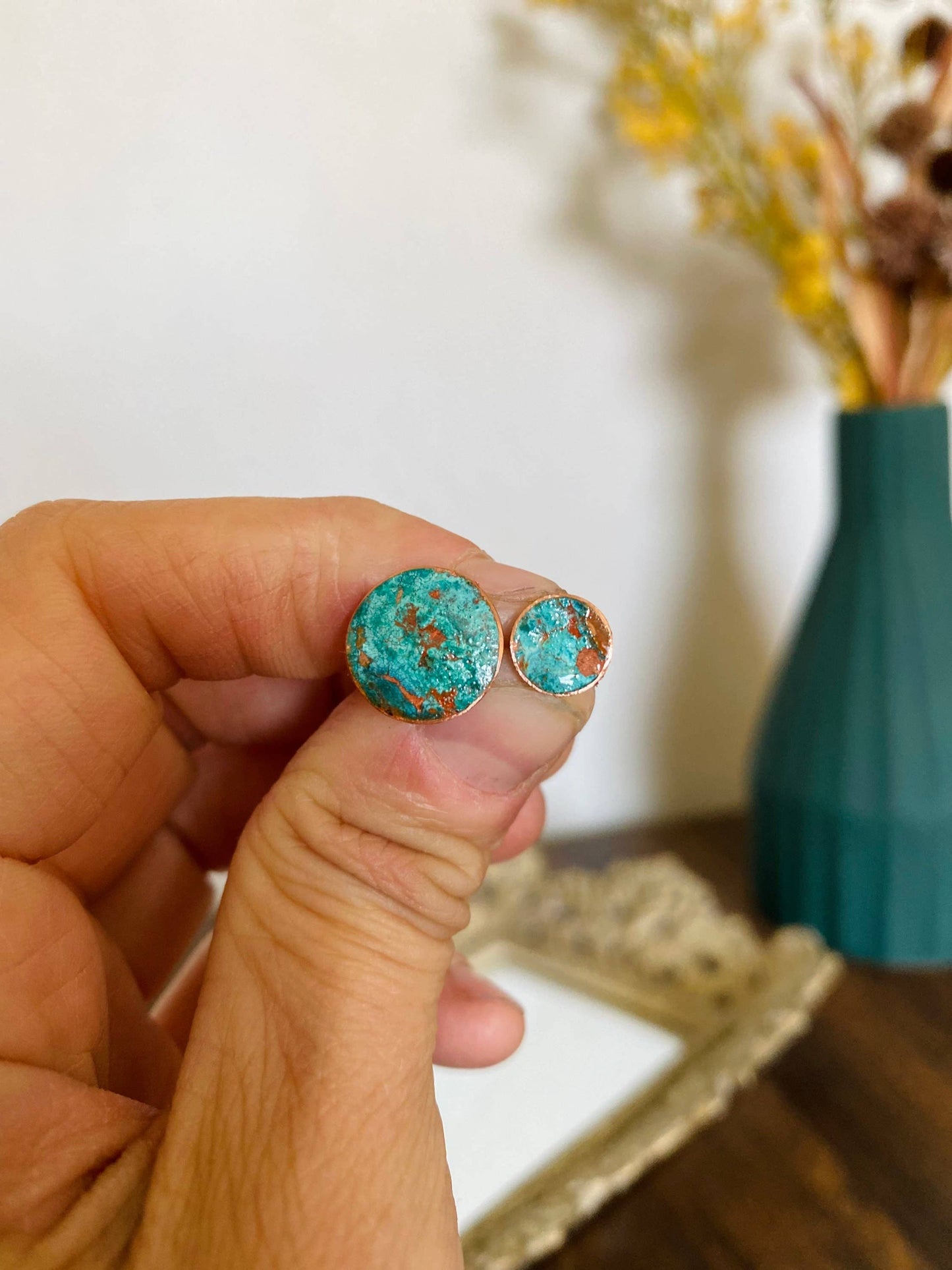 Copper Patina Stud Earrings, Colorful Metal Stud Earrings, C: 1/2" Studs