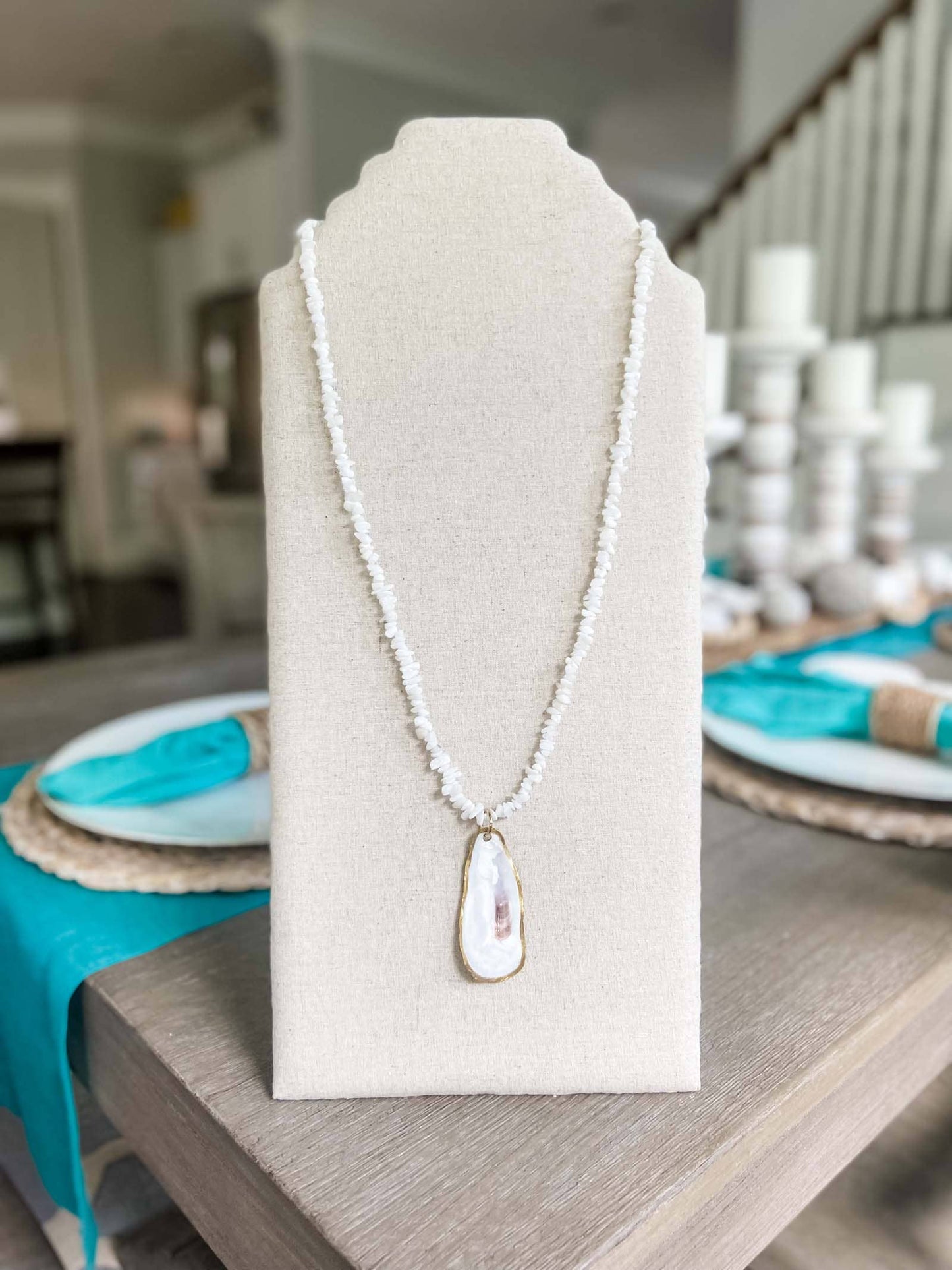 White Moonstone Beaded Necklace with Oyster Shell Pendant - 20% OFF