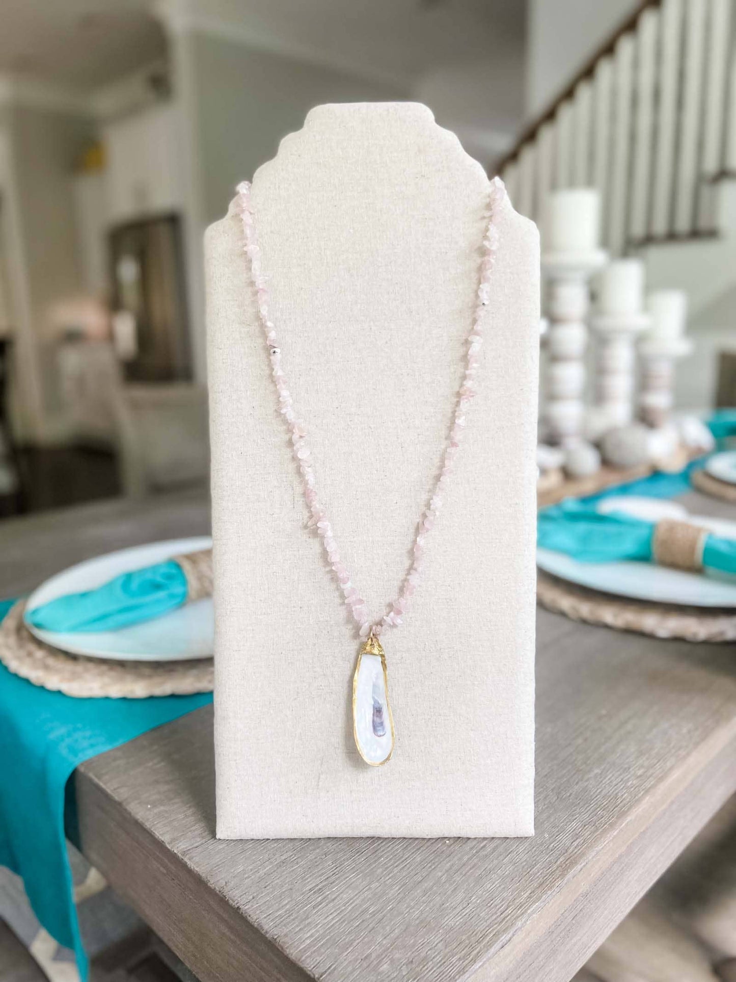 Rose Quartz Beaded Necklace with Oyster Shell Pendant - 20% OFF