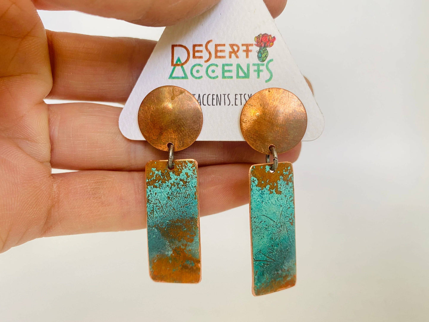 Copper and Patina Copper Stud Dangle Earrings, Verdigris Copper