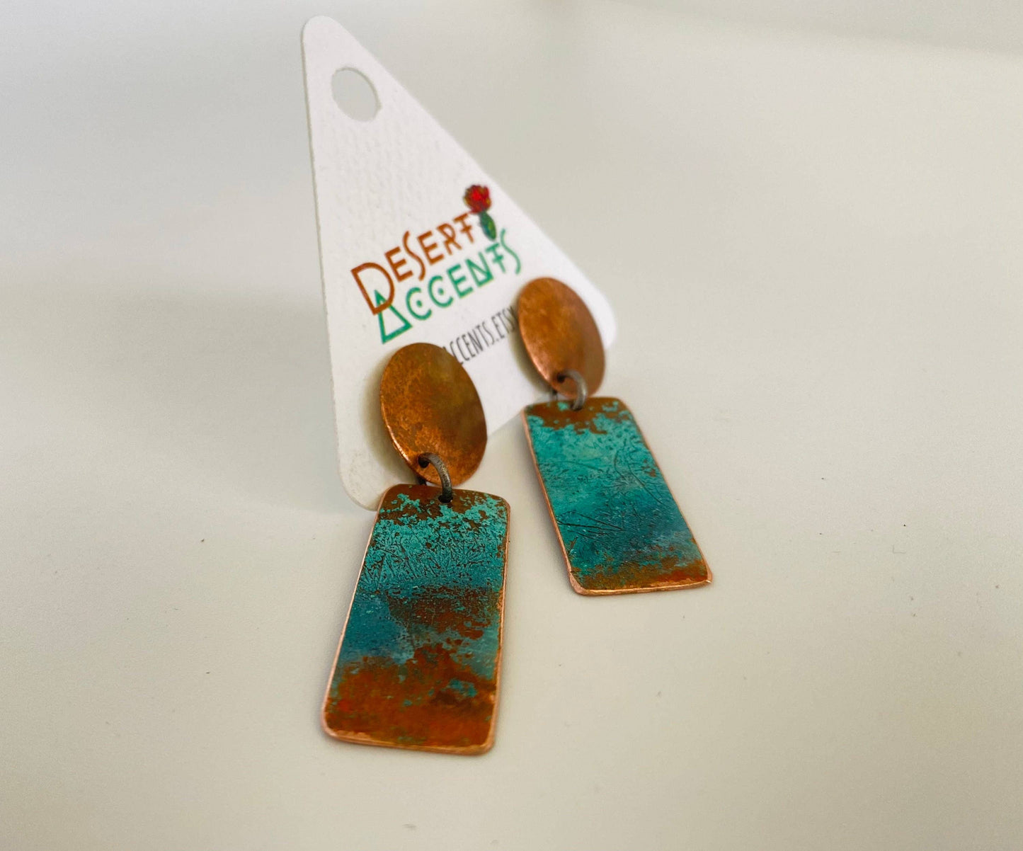 Copper and Patina Copper Stud Dangle Earrings, Verdigris Copper