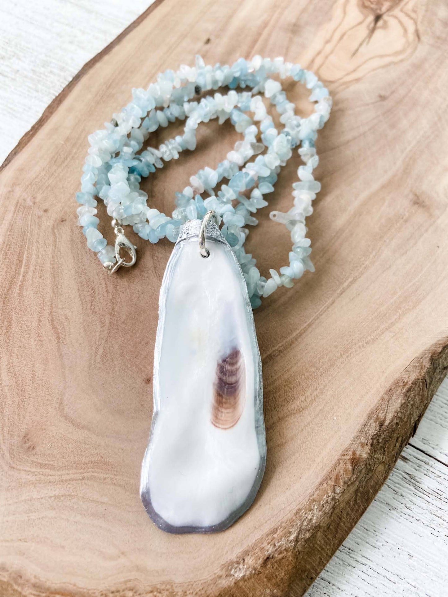 Aquamarine Beaded Necklace with Oyster Shell Pendant - 20% OFF