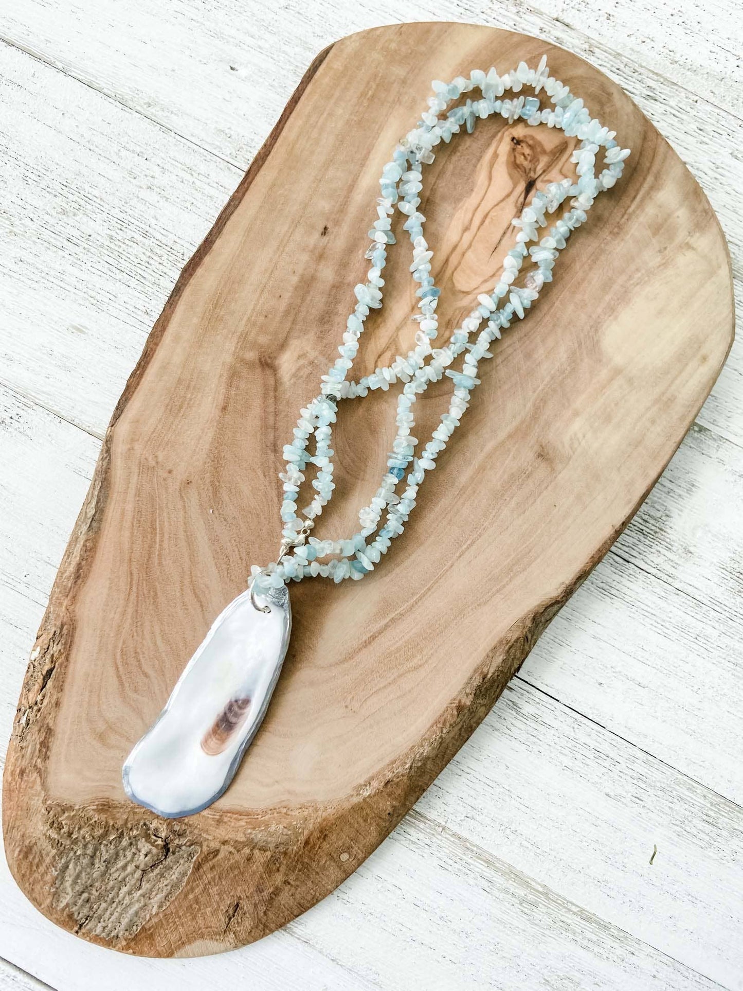 Aquamarine Beaded Necklace with Oyster Shell Pendant - 20% OFF