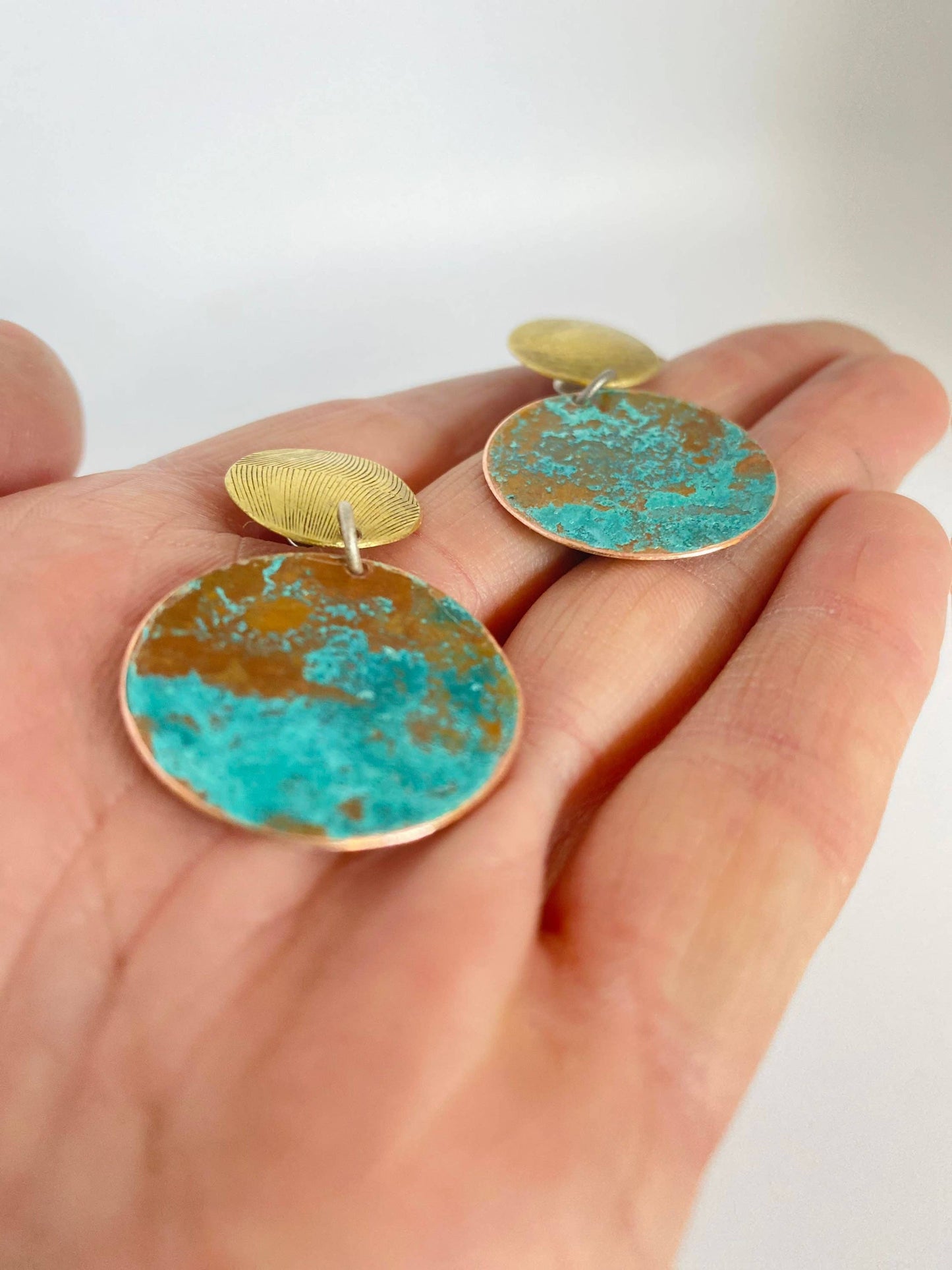 Gold and Patina Copper Stud Dangle Earrings, Verdigris Copper Dangle Stud Earrings