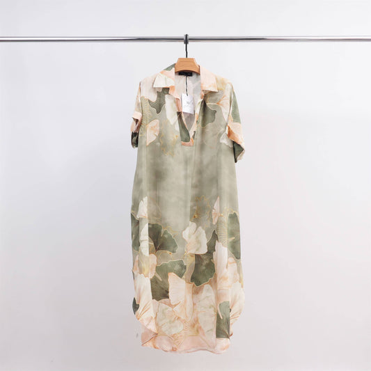 Gingko Leaf Print Midi Dress: Khaki