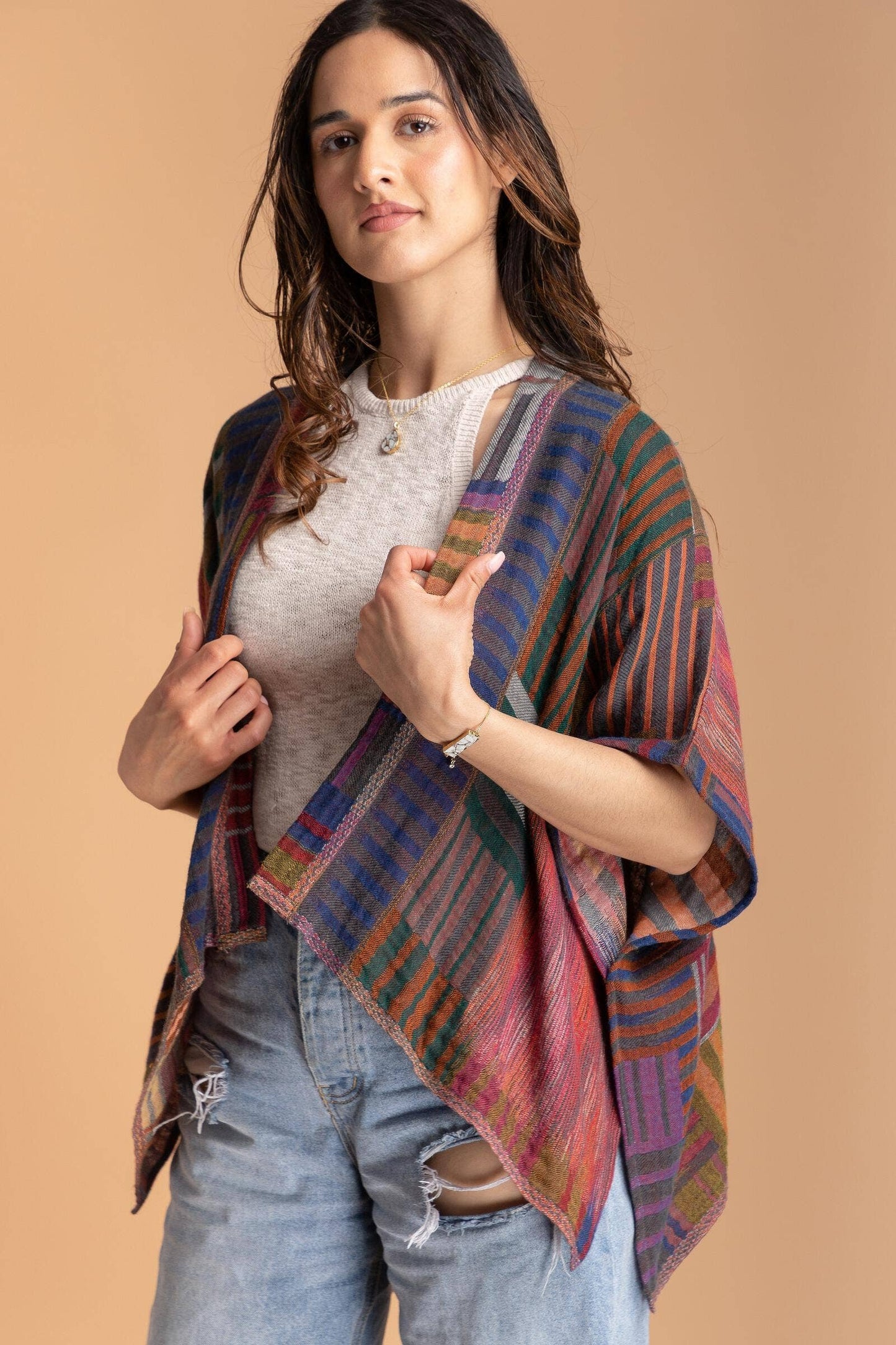 Multi Square Stripe Short Poncho