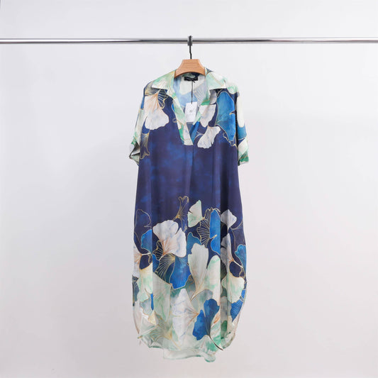 Gingko Leaf Print Midi Dress: Navy Blue