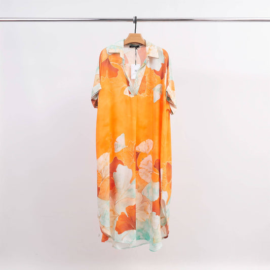 Gingko Leaf Print Midi Dress: Orange