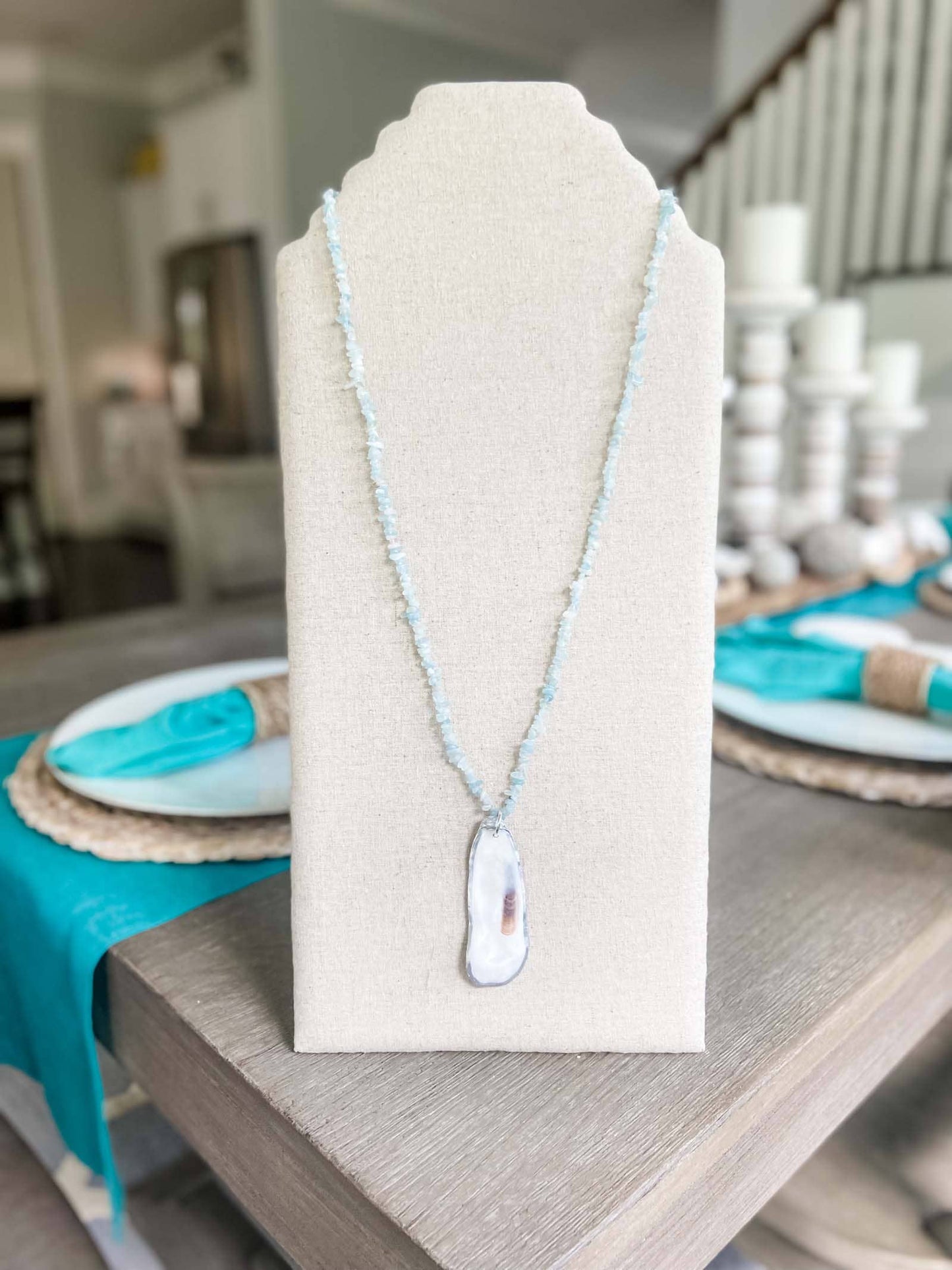 Aquamarine Beaded Necklace with Oyster Shell Pendant - 20% OFF