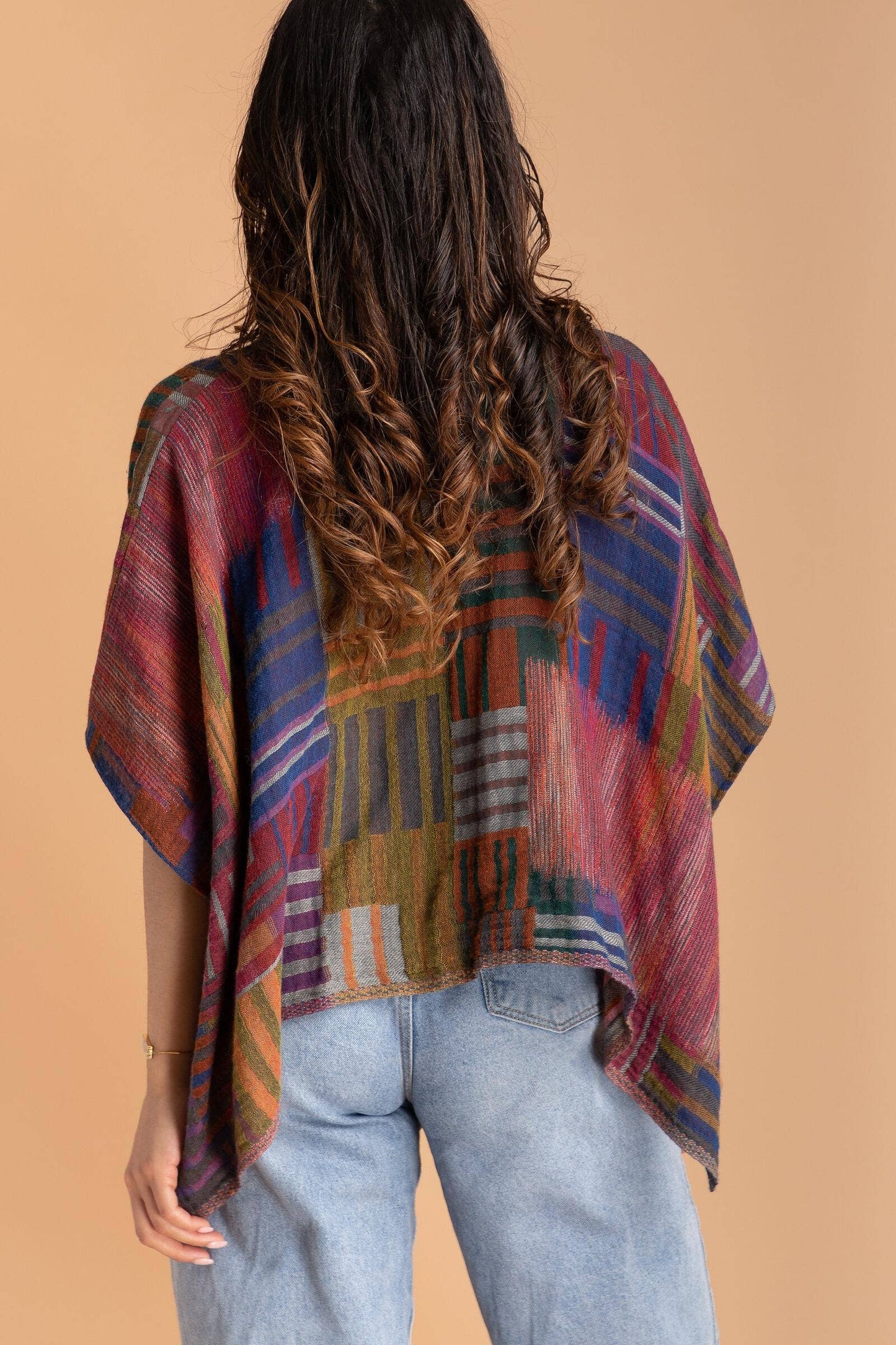 Multi Square Stripe Short Poncho