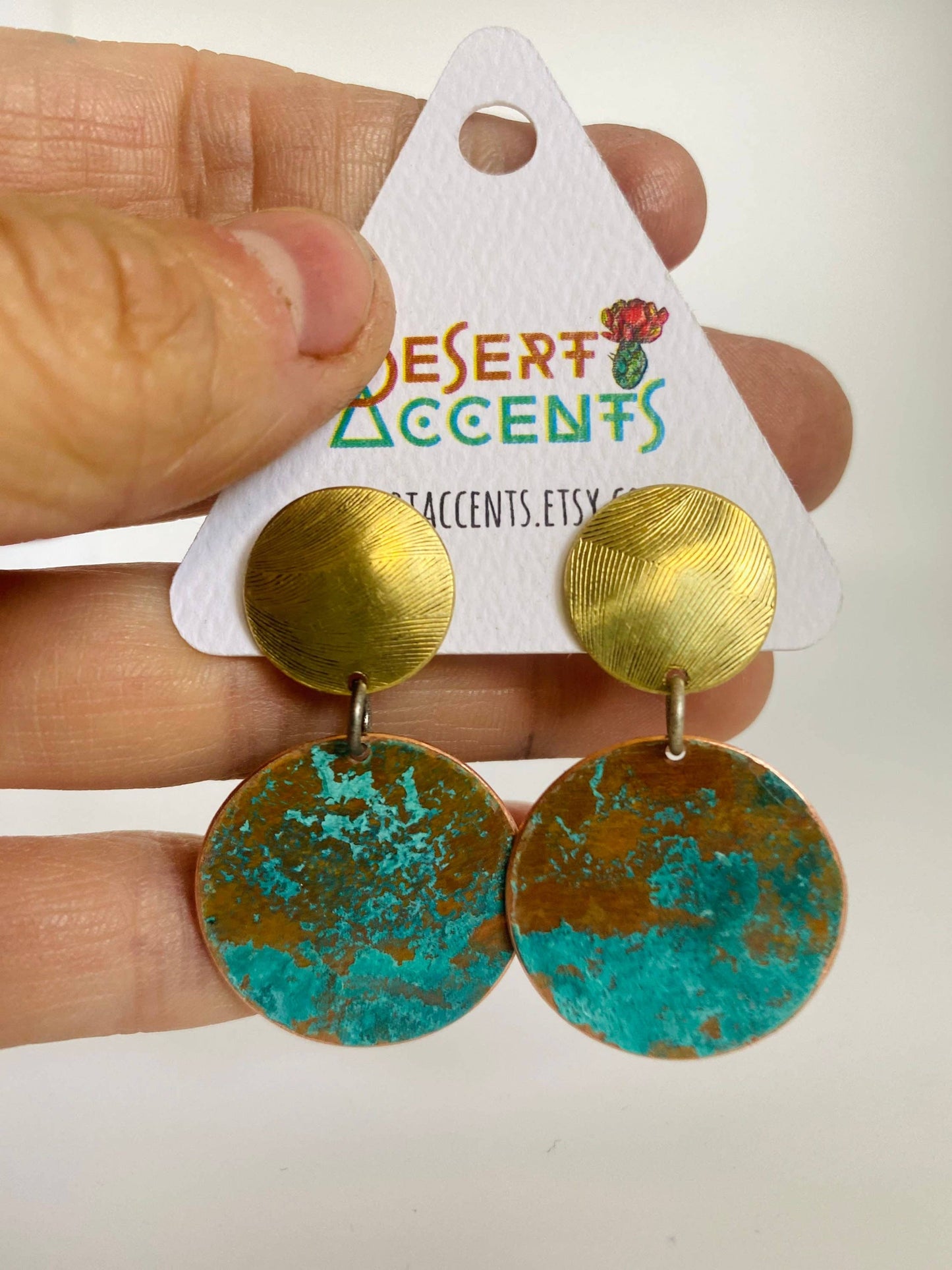 Gold and Patina Copper Stud Dangle Earrings, Verdigris Copper Dangle Stud Earrings