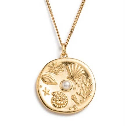 Coin- Necklace 14K Gold Steel: Sea Symbols 