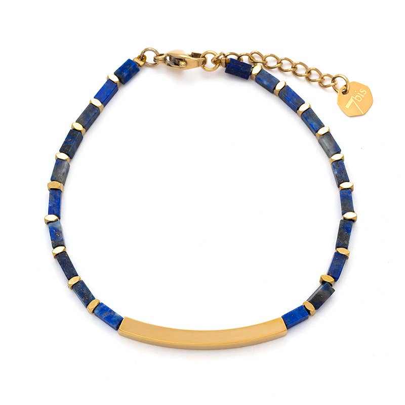 Steel Bracelet, Adjustable Chain, Tube, Beads, Natural Stone: Lapis Lazuli