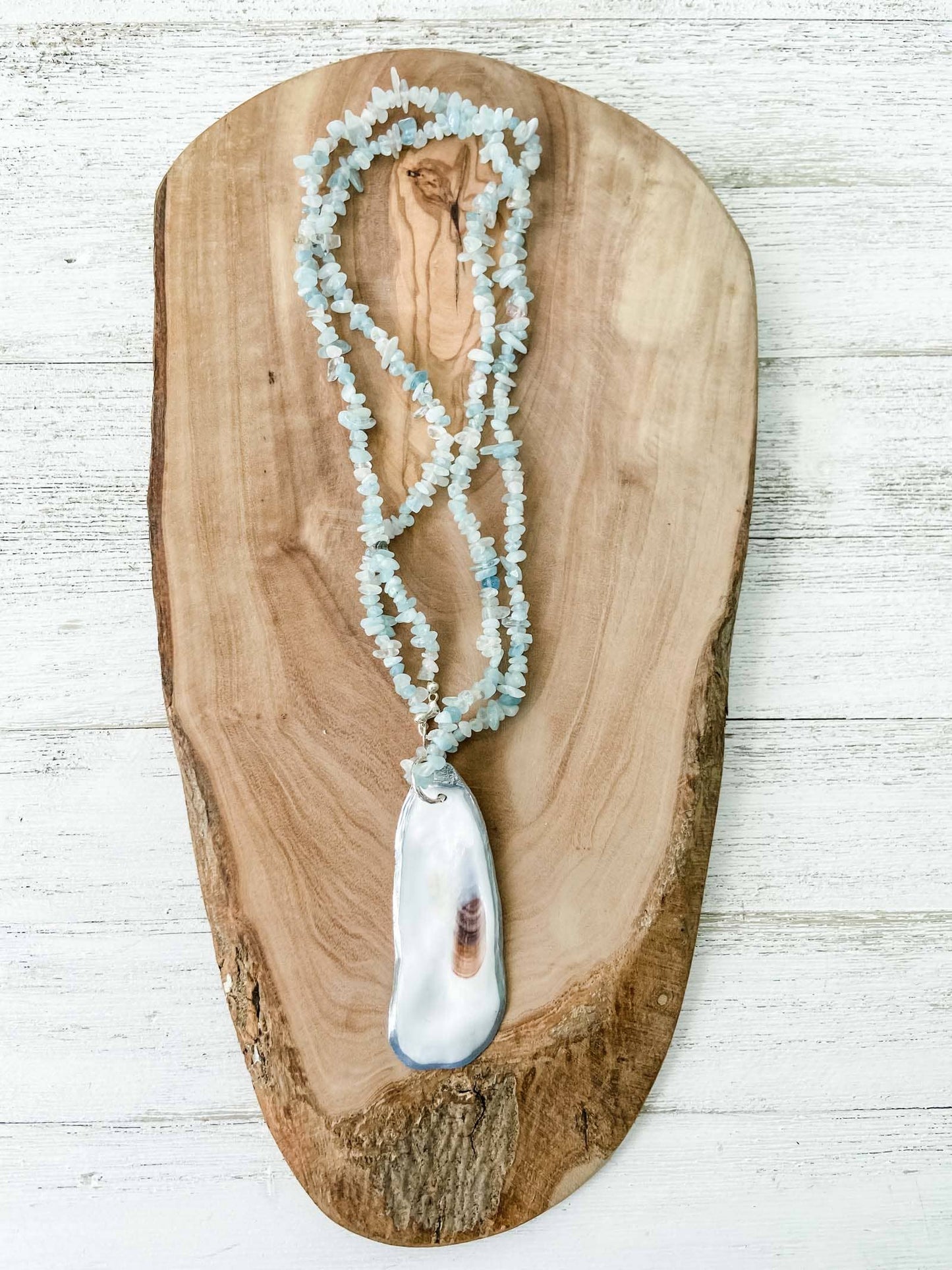 Aquamarine Beaded Necklace with Oyster Shell Pendant - 20% OFF