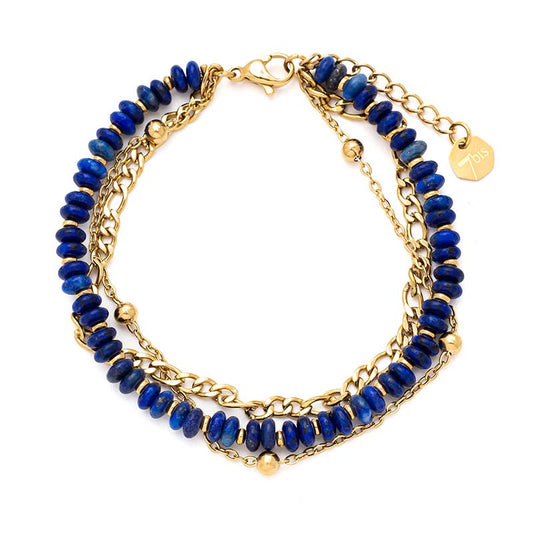 3-Row Adjustable Steel Bracelet - Natural Stone Chain: Lapis Lazuli