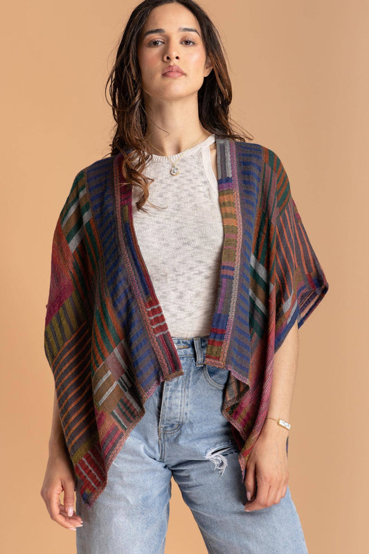 Multi Square Stripe Short Poncho