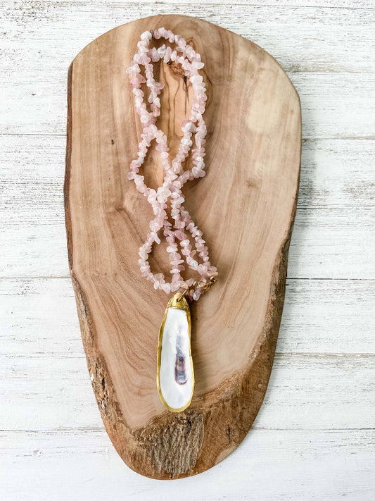 Rose Quartz Beaded Necklace with Oyster Shell Pendant - 20% OFF