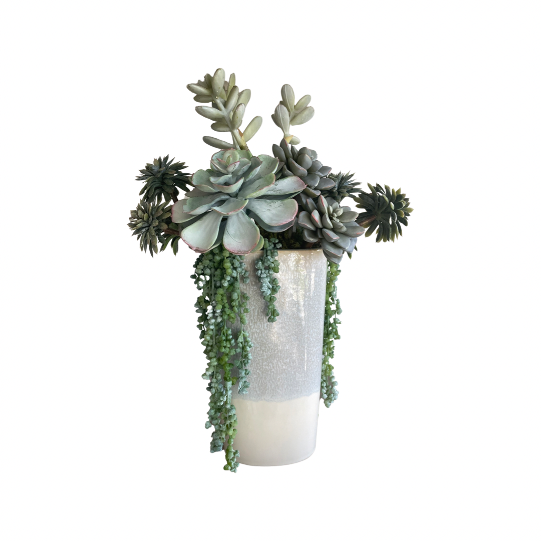 Faux Succulent Arrangement in Light Blue and White Container