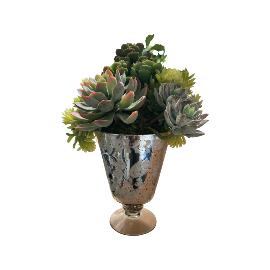 Faux Mixed Succulent Arrangement in Mercury Glass Pots