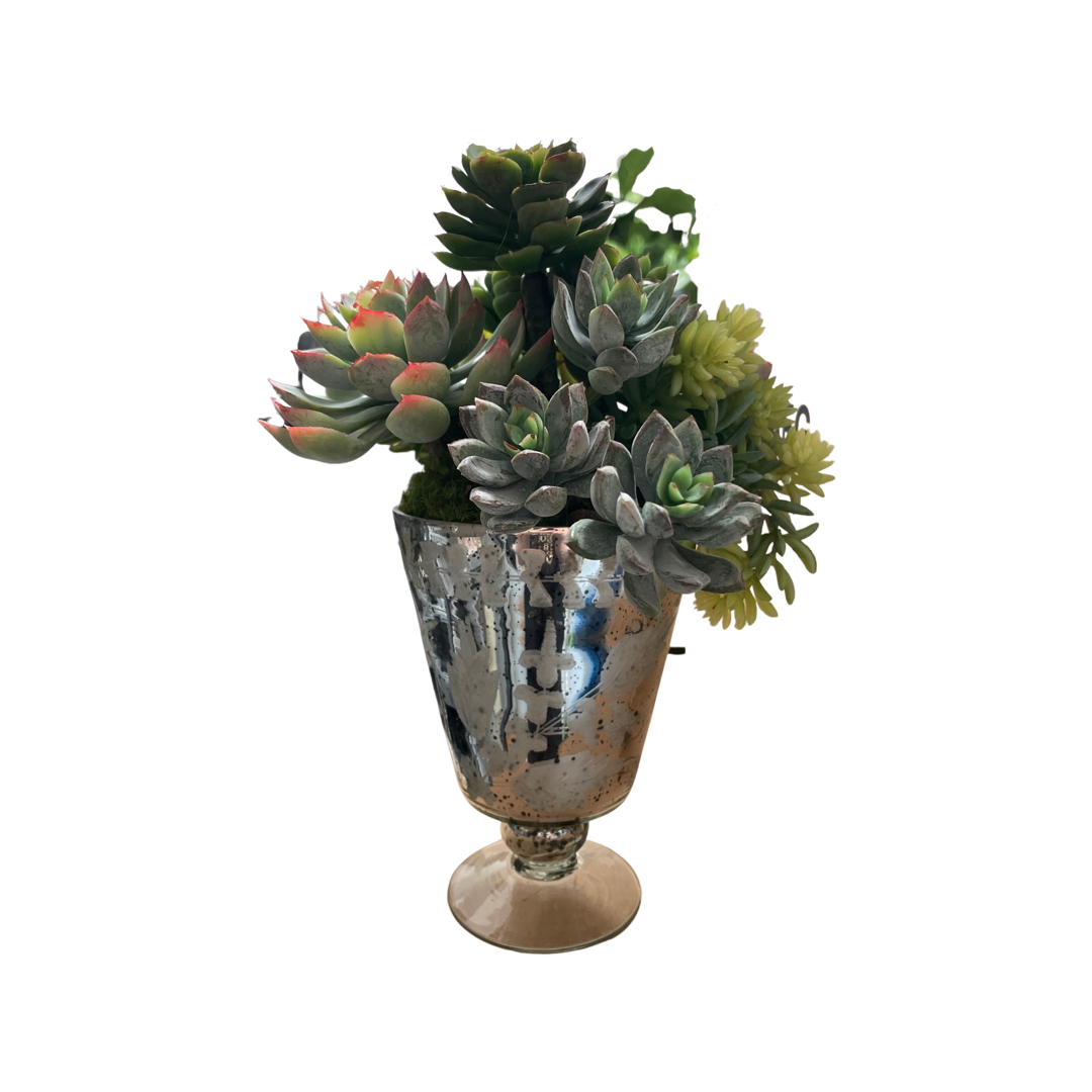 Faux Mixed Succulent Arrangement in Mercury Glass Pots