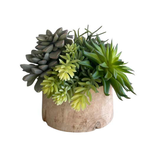 Faux Succulent Arrangement in Reclaimed Wood Pot