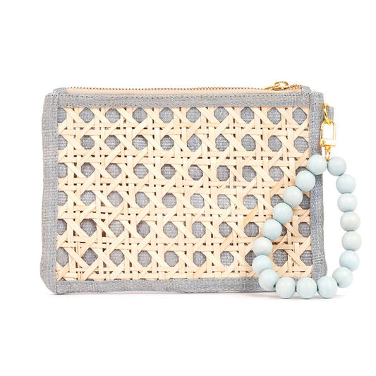 Light Blue Bead & Woven Rattan Wristlet Purse