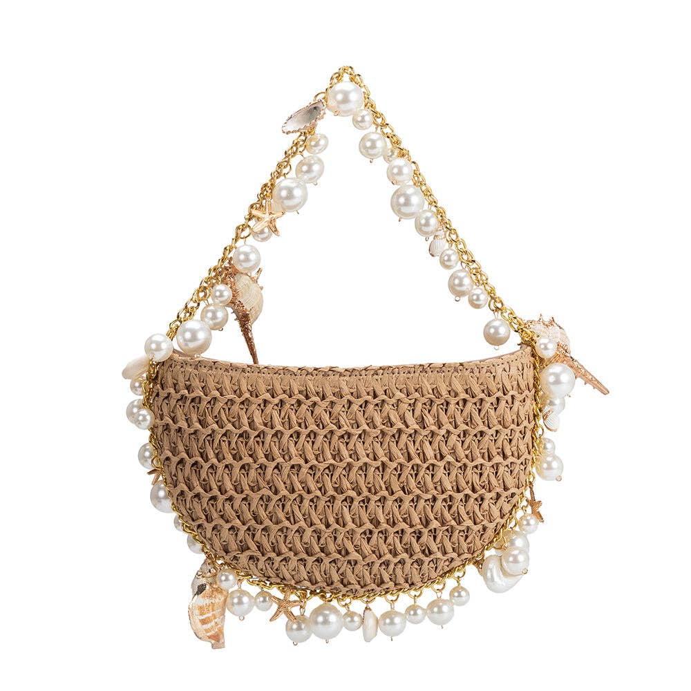 Isla Sand Small Shells Straw Top Handle Bag