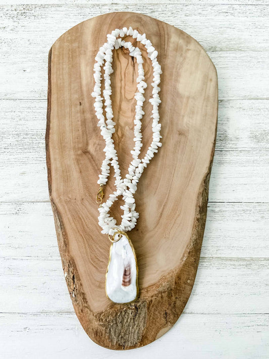 White Moonstone Beaded Necklace with Oyster Shell Pendant - 20% OFF