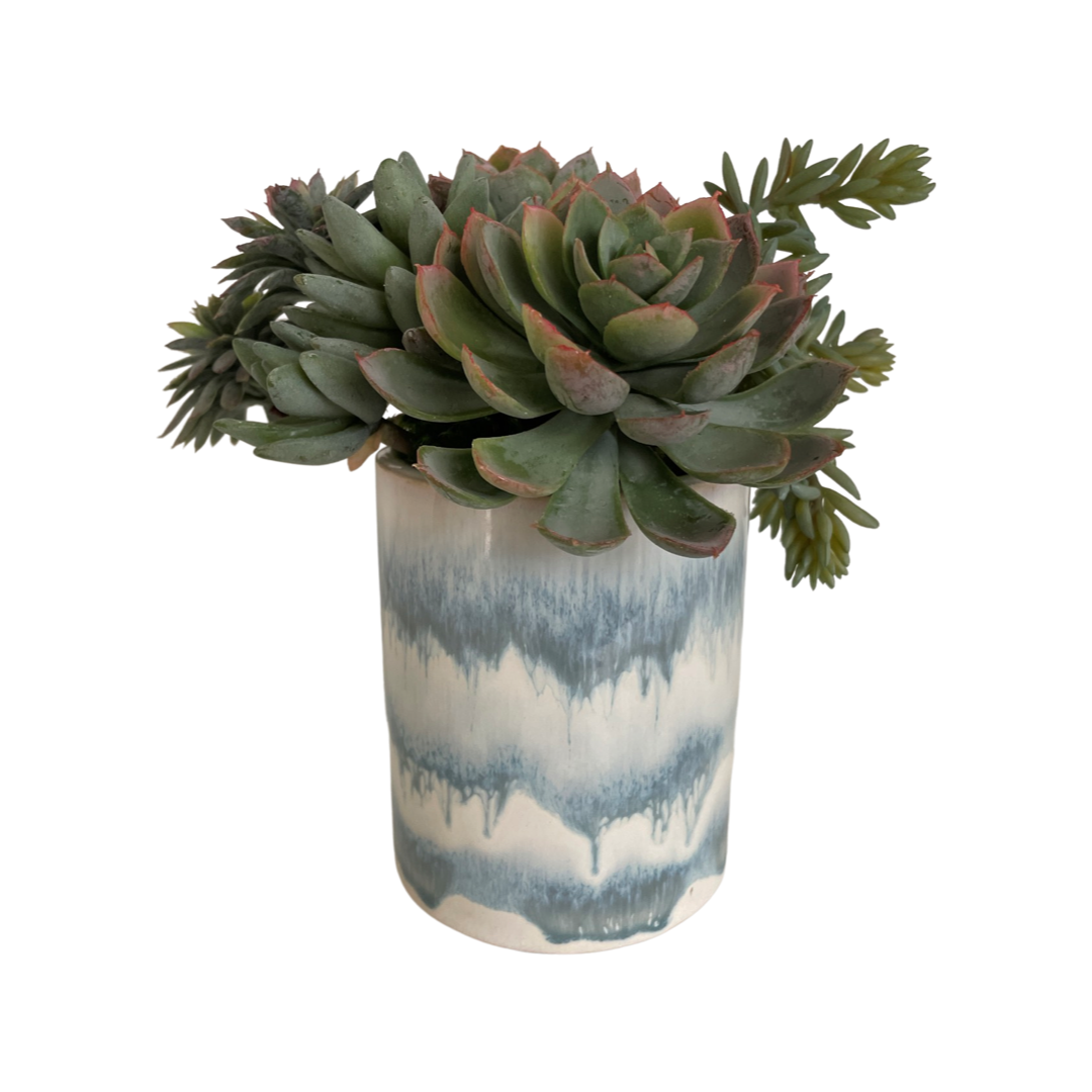 Faux Succulent Arrangement in Blue Watercolor Container